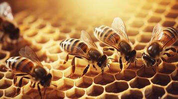 An image showcasing a hexagonal beehive with bees at work, set against a textured background. Allow space for text, background image, AI generated photo