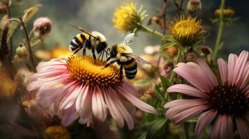 A scene illustrating bumblebees and other pollinators coexisting in a textured garden, background image, AI generated photo