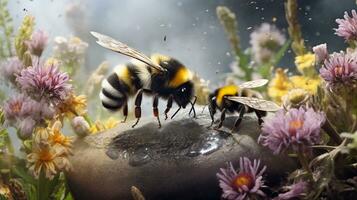 A scene illustrating bumblebees and other pollinators coexisting in a textured garden, background image, AI generated photo