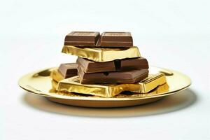 chocolate bars on a golden plate style food photog photo