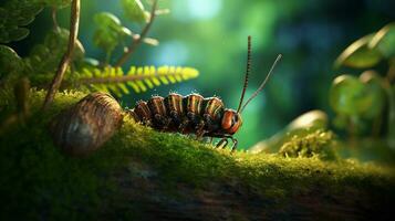 A visually appealing composition featuring a caterpillar exploring a variety of textured surfaces in its environment, allowing space for text, background image, AI generated photo