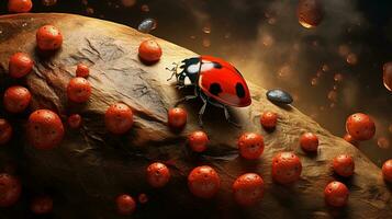 A visually appealing composition featuring a ladybug navigating various textured surfaces, allowing space for text, background image, AI generated photo