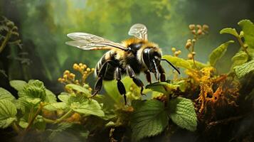 An artistic portrayal of a bumblebee foraging amidst textured foliage in a wilderness setting, highlighting the beauty and diversity of natural textures, background image, AI generated photo