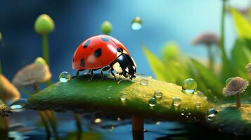 An artistic portrayal of a ladybug exploring a pastel-colored world, providing space for text, background image, AI generated photo