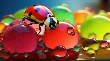 An artistic portrayal of a ladybug exploring a pastel-colored world, providing space for text, background image, AI generated photo