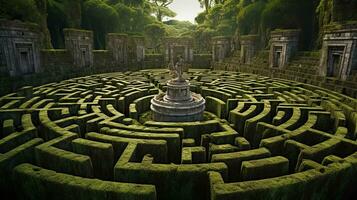 An image capturing a historical hedge maze with textured, towering hedges and stone pathways, providing space for text, background image, AI generated photo