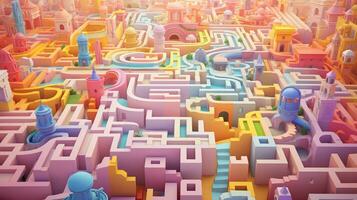 An image capturing a whimsical and pastel-colored maze adventure suitable for children's entertainment, with designated areas for text, background image, AI generated photo