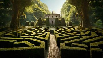 An image capturing a historical hedge maze with textured, towering hedges and stone pathways, providing space for text, background image, AI generated photo