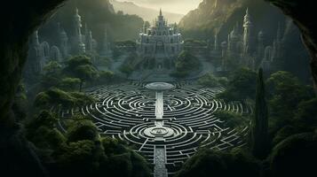 An image featuring an intricate and enchanting labyrinth design with winding paths and hidden twists, set against a textured mystical backdrop, background image, AI generated photo