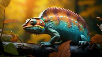 An image illustrating a chameleon or similar creature blending seamlessly into its pastel forest surroundings, allowing space for text, background image, AI generated photo