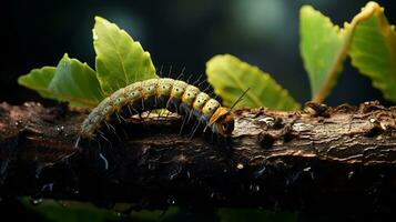 An image showcasing a caterpillar moving across a textured leaf or branch, inviting text to explore the fascinating life cycle of caterpillars, background image, AI generated photo