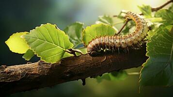 An image showcasing a caterpillar moving across a textured leaf or branch, inviting text to explore the fascinating life cycle of caterpillars, background image, AI generated photo