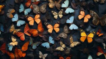 un imagen exhibiendo mariposas como parte de un ingeniosamente diseñado, texturizado composición, permitiendo espacio para texto, antecedentes imagen, ai generado foto