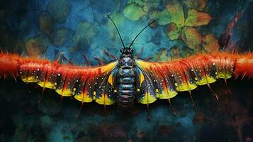 un imagen exhibiendo el vibrante oruga de un mariposa o polilla en contra un texturizado fondo, antecedentes imagen, ai generado foto
