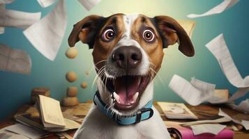 An image featuring a hilarious cartoon-style dog engaged in comical antics against a pastel background, AI generated photo