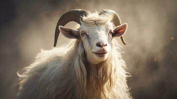 Close-up of an amazing male goat with textured background and space for text, background image, AI generated photo
