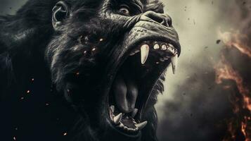 Close-up of roaring angry male gorilla with textured background and space for text, background image, AI generated photo