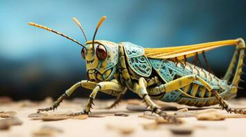 A close-up of a grasshopper with intricate textures on its body, with space for text. background image, AI generated photo