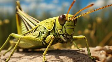 A close-up of a grasshopper with intricate textures on its body, with space for text. background image, AI generated photo