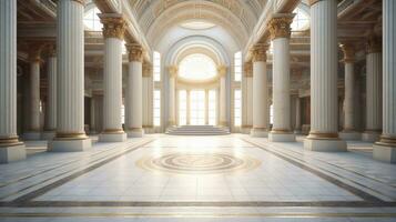 A grand marble hall with ornate columns and a textured mosaic floor, with space for text. background image, AI generated photo