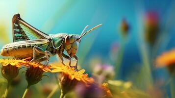 A grasshopper against a blurred background of wildflowers, with space for text. Grasshopper, wildflowers, colorful, bokeh, close-up. background image, AI generated photo