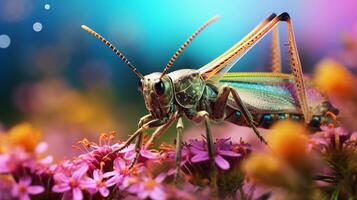 A grasshopper against a blurred background of wildflowers, with space for text. Grasshopper, wildflowers, colorful, bokeh, close-up. background image, AI generated photo
