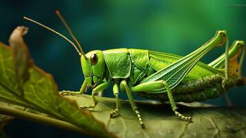 A vibrant green grasshopper on a textured leaf with space for text, background image, AI generated photo