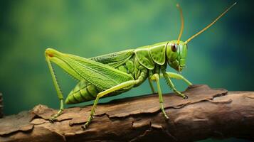 A vibrant green grasshopper on a textured leaf with space for text, background image, AI generated photo