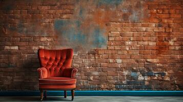 Close-up image of a beautiful artistic antique chair with space for text and clean vibrant brick wall textured background, background image, AI generated photo