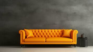 Image of a beautiful sofa with space for text and textured wall background, background image, AI generated photo