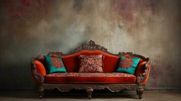 Image of a beautiful traditional sofa with space for text and textured wall background, background image, AI generated photo