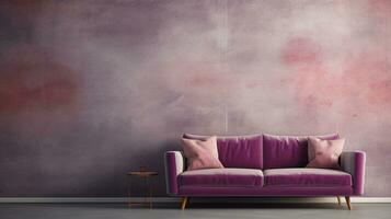 Image of a beautiful sofa with space for text and textured wall background, background image, AI generated photo