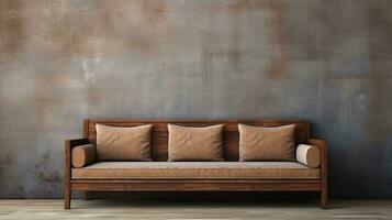 Image of a beautiful wooden sofa with space for text and textured wall background, background image, AI generated photo