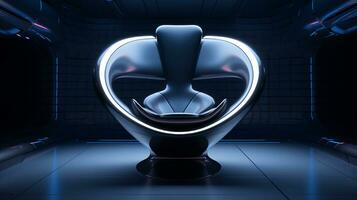 Image of a modern futuristic Chair with space for text and clean textured high tech wall background, background image, AI generated photo