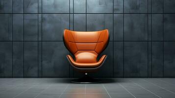 Image of a modern futuristic Chair with space for text and clean textured high tech wall background, background image, AI generated photo