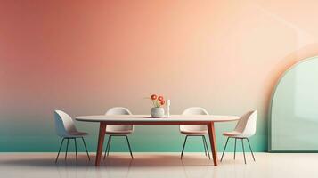 Image of a modern futuristic Dining Table with space for text and clean pastel wall background, background image, AI generated photo