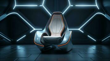 Image of a modern futuristic high tech Chair with space for text and clean textured high tech wall background, background image, AI generated photo
