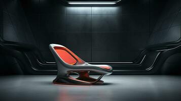 Image of a modern futuristic high tech Chair with space for text and clean textured high tech wall background, background image, AI generated photo