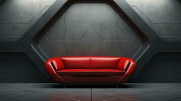 Image of a modern futuristic sofa with space for text and textured wall background, background image, AI generated photo