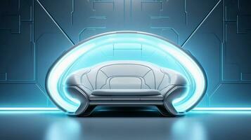 Image of a modern futuristic sofa with space for text and high tech wall background, background image, AI generated photo