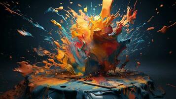 A scene illustrating the process of creating paint splatter art on a textured canvas with space for text, providing space for text, background image, AI generated photo