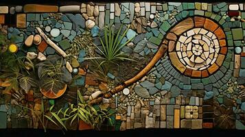 A visually appealing composition featuring a mosaic element integrated into a natural setting with textured elements, allowing space for text, background image, AI generated photo