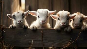 un de cerca de adorable bebé cabras en un bolígrafo, con texturizado de madera Esgrima y espacio para texto, antecedentes imagen, generativo ai foto