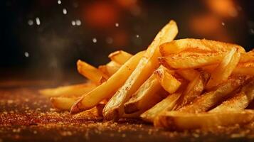 A close-up of seasoned French fries with visible texture and seasoning with space for text, background image, generative AI photo
