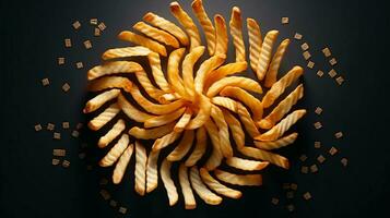 A creative composition of French fries arranged in a spiral pattern on a dark, textured background, with room for text, background image, generative AI photo