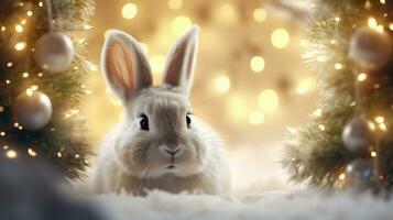 A curious bunny exploring a Christmas wreath with twinkling lights with space for text, background image, generative A photo
