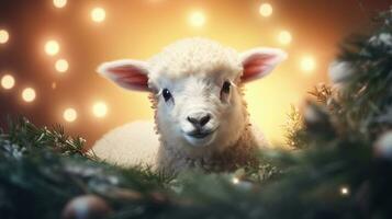 A curious sheep exploring a Christmas wreath with twinkling lights with space for text, background image, generative AI photo