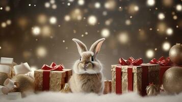 A cute Christmas bunny surrounded by holiday presents and ornaments with space for text, background image, generative AI photo