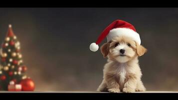 un linda perro vistiendo un Papa Noel sombrero y sentado siguiente a un Navidad árbol, con espacio para texto, antecedentes imagen, generativo ai foto