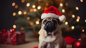 A cute dog wearing a Santa hat and sitting next to a Christmas tree, with space for text, background image, generative AI photo